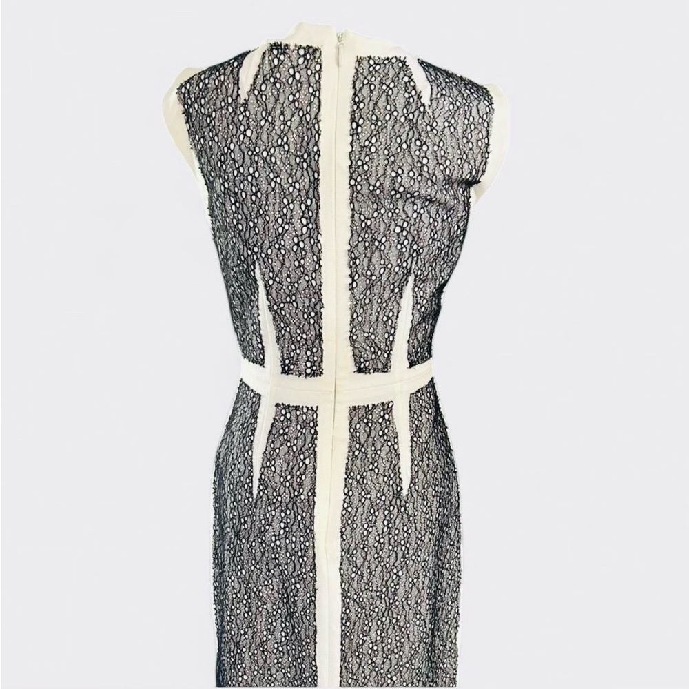 BCBGMAXAZRIA Black Cream Lace Panel Sheath Dress Size 6 Sleeveless Bodycon - Picture 4 of 7